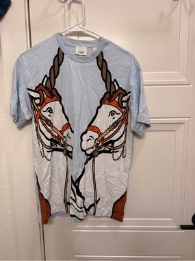 Burberry Light Blue Tee with Horse Print and Brown Accents